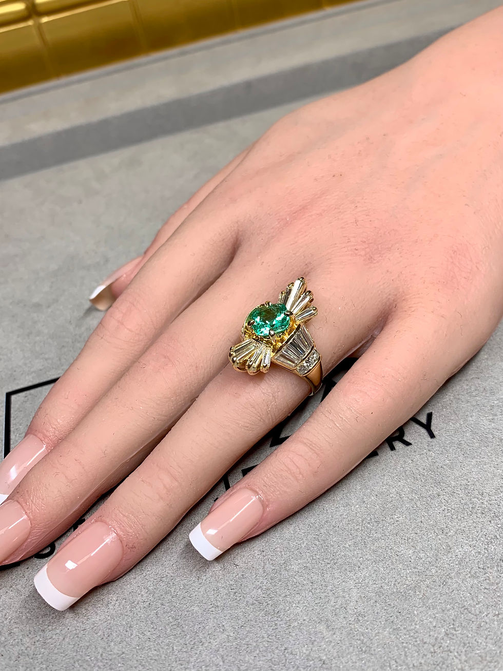 Thumbnail: 18K Cushion Colombian Emerald & Baguette Diamond Large Spray Cocktail Ring GIA