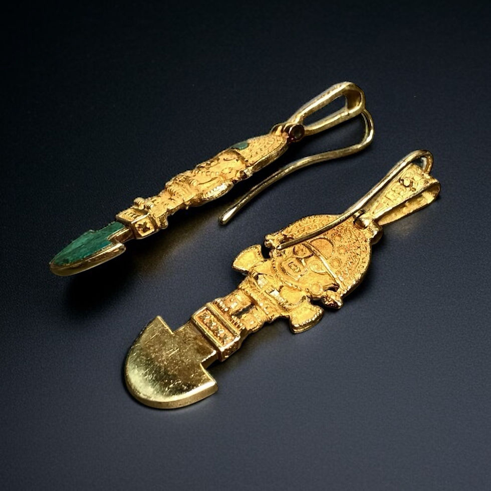 Thumbnail: Estate 18K Yellow Gold Malachite Peruvian Tumi Deity Hook Back Drop Earrings
