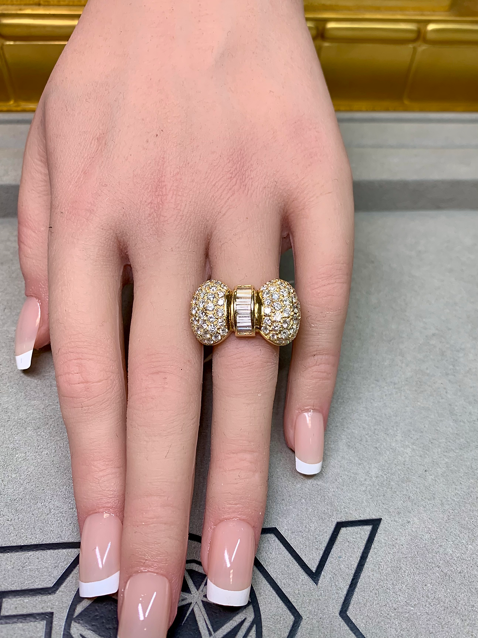 Thumbnail: Estate 18K Pave Baguette Round Diamond Bow Cocktail Ring 3.40cttw Size 5.75