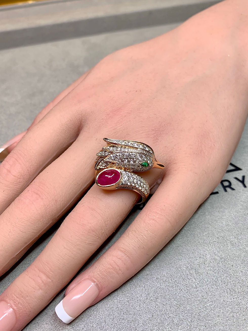 Thumbnail: Estate 18K Rose Gold Diamond Cabochon Ruby Flacon Bypass Cocktail Ring 6ctw