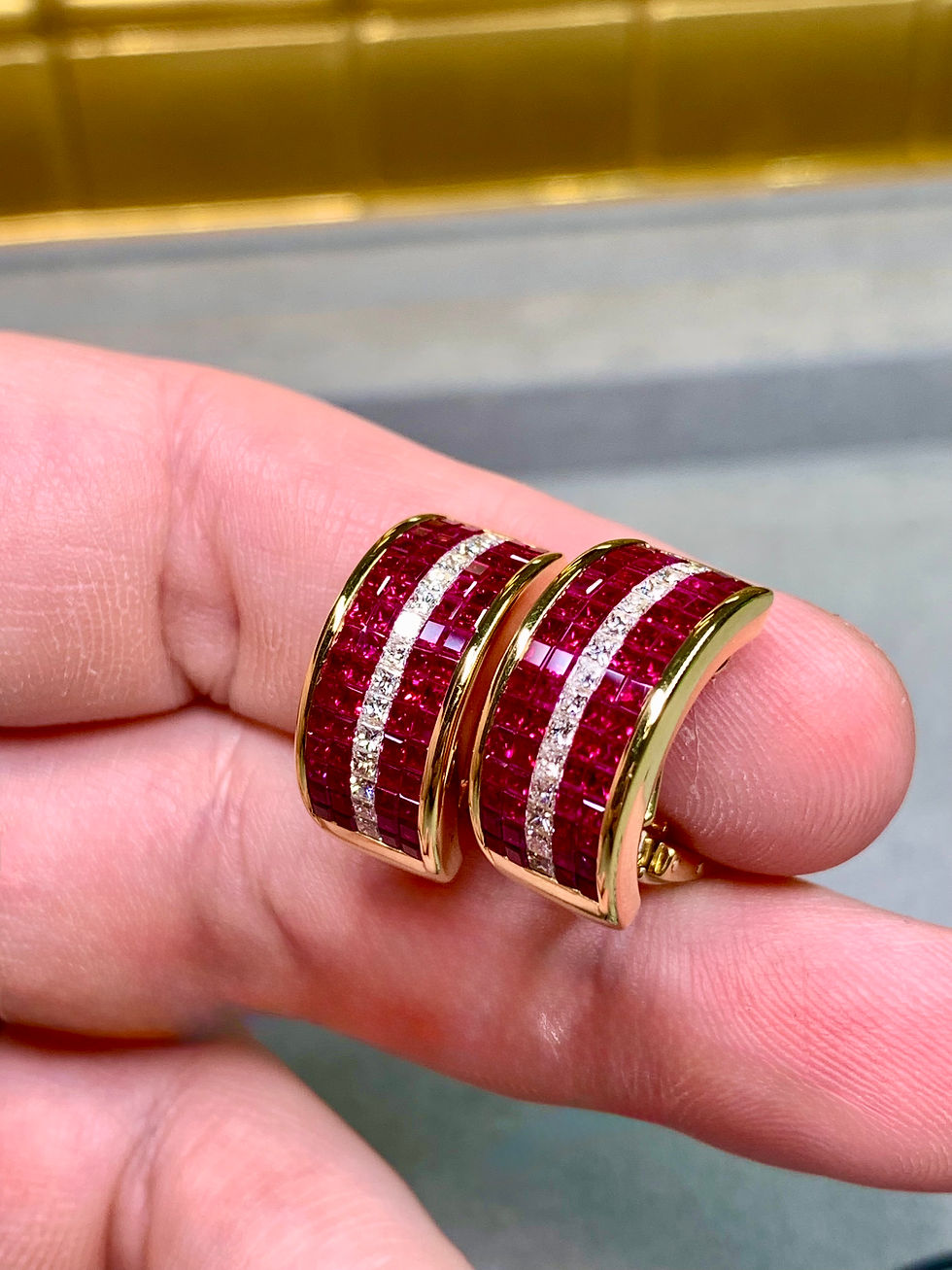 Thumbnail: Estate 18K Mystery Set Vivid Ruby Princess Diamond Huggie Earrings Omega Backs