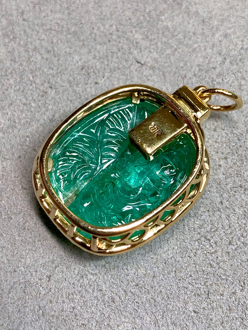 Thumbnail: Vintage 18K Cushion Shaped Floral Carved Emerald & Diamond Pendant 21.20ct