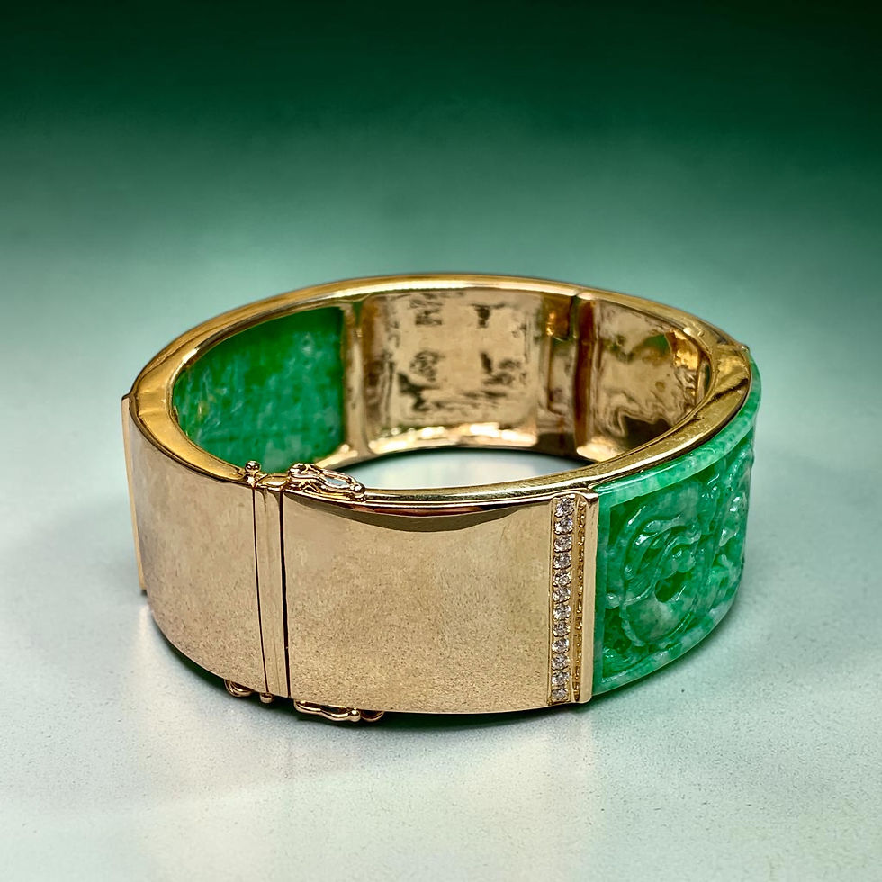 Thumbnail: Vintage 14K GIA Type A Jadeite Carved Panel & Diamond Wide Cuff Bracelet