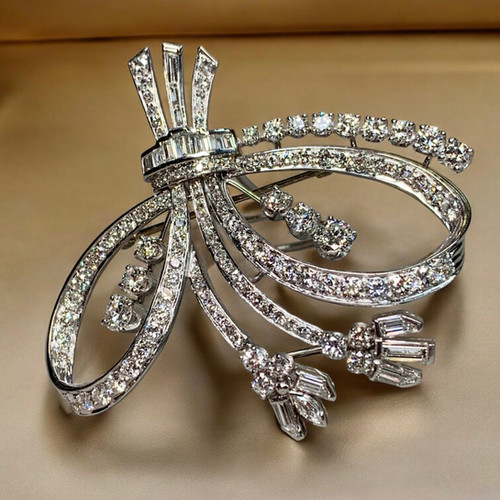 Bullet Ribon Vintage 1950’s Platinum Asymmetrical Ribbon Spray Bullet Diamond Brooch ...
