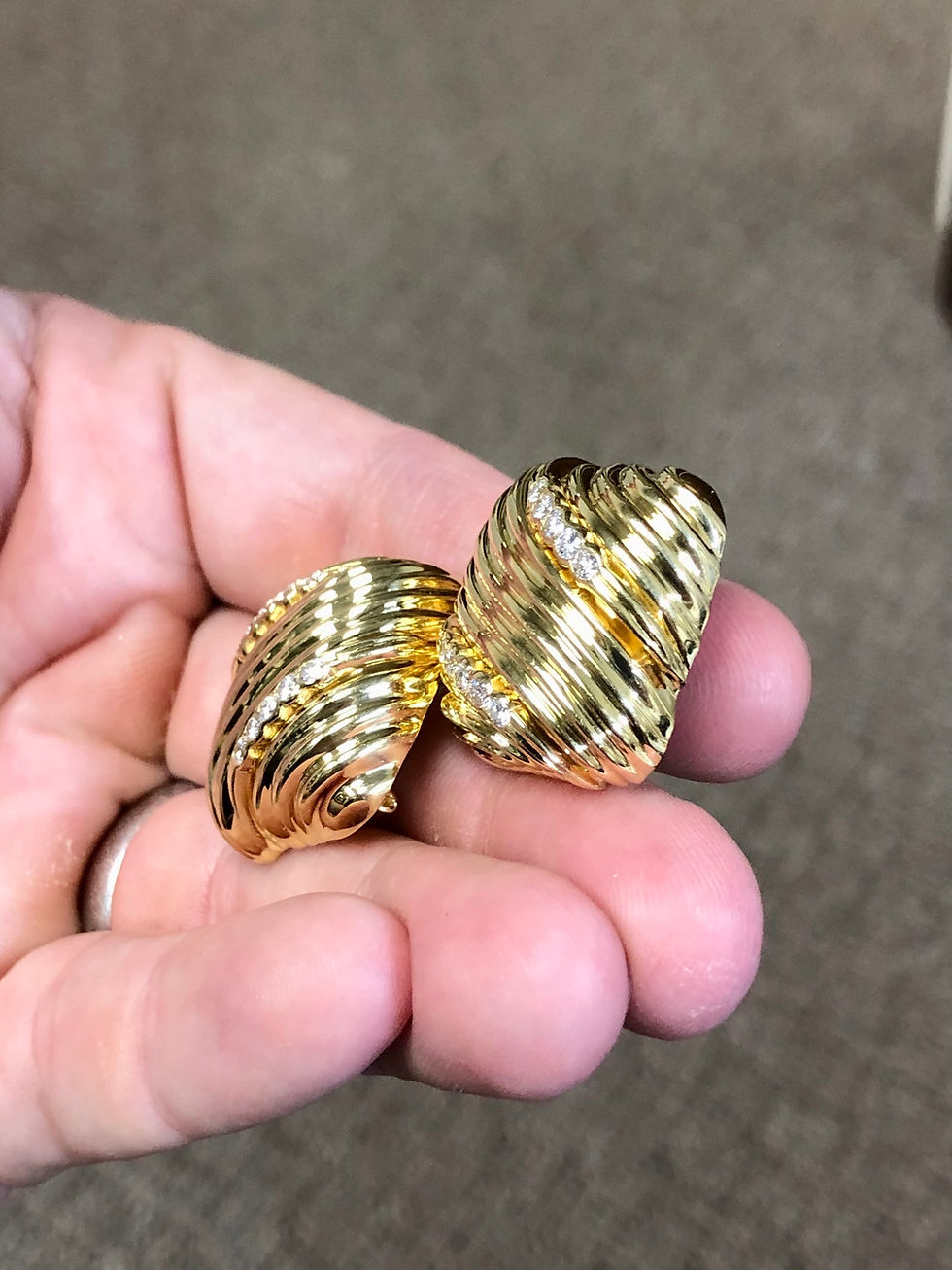 Thumbnail: Vintage FRENCH 18K Diamond Square Cushion Rippled Huggie Earrings W/ Omega Backs