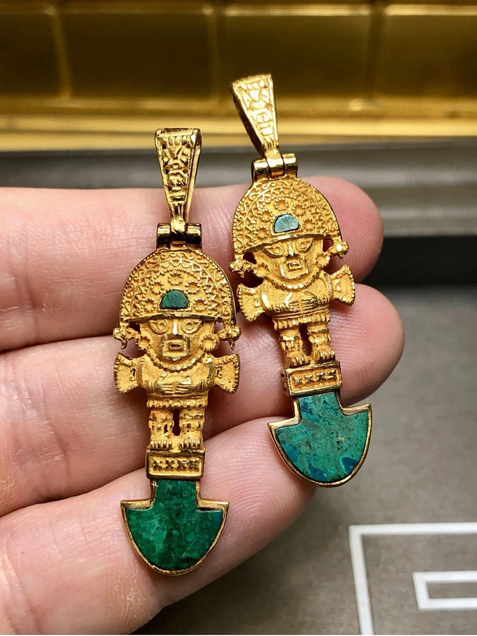 Thumbnail: Estate 18K Yellow Gold Malachite Peruvian Tumi Deity Hook Back Drop Earrings