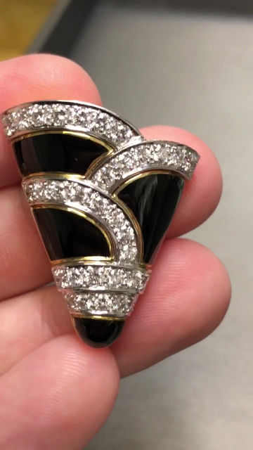 Thumbnail: Vintage 18K Platinum Scalloped Diamond Enamel Omega Back Huggie Earrings G Vs+