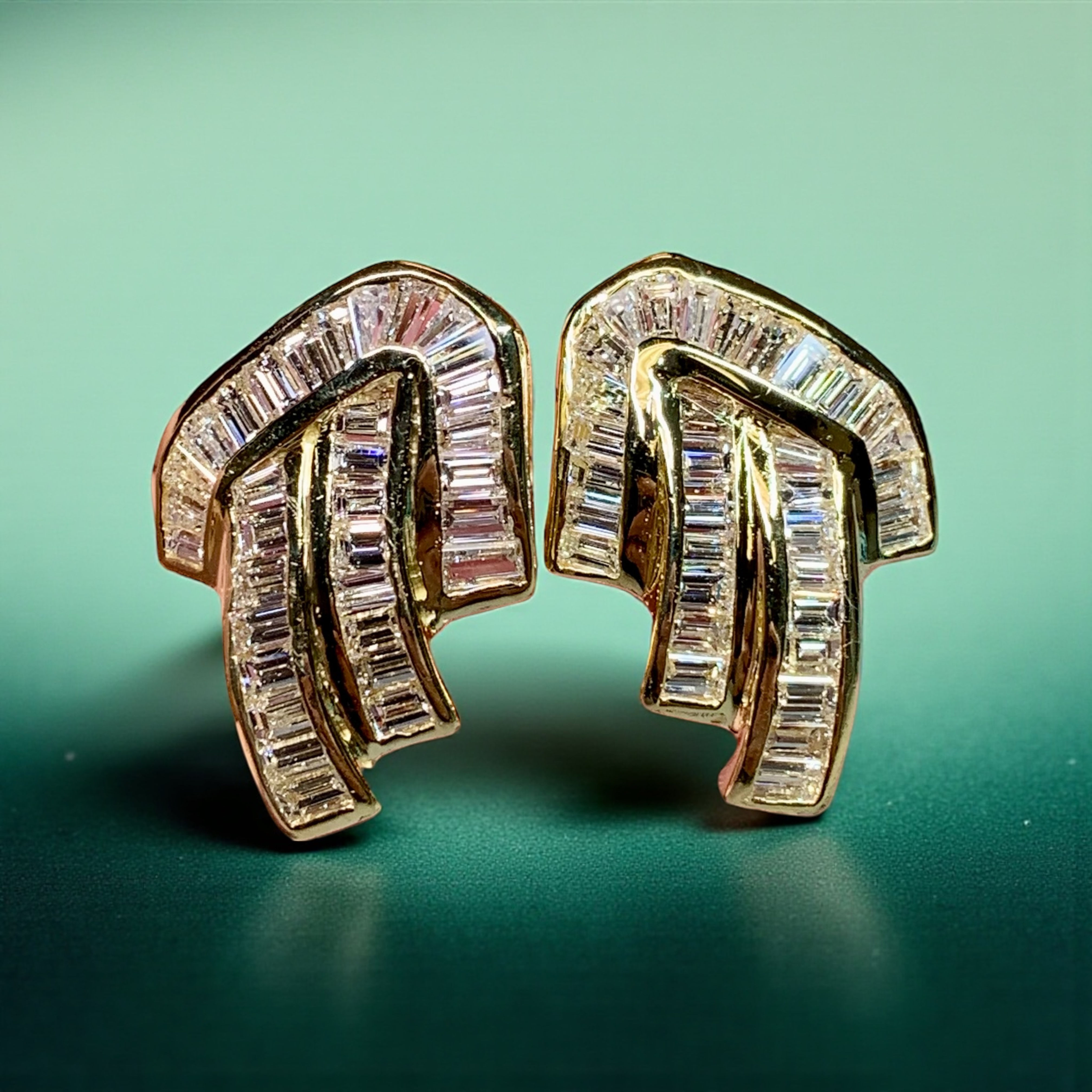 Estate 18K Yellow Gold Large Baguette Diamond Geometric Huggie Earrings 6.60ctw