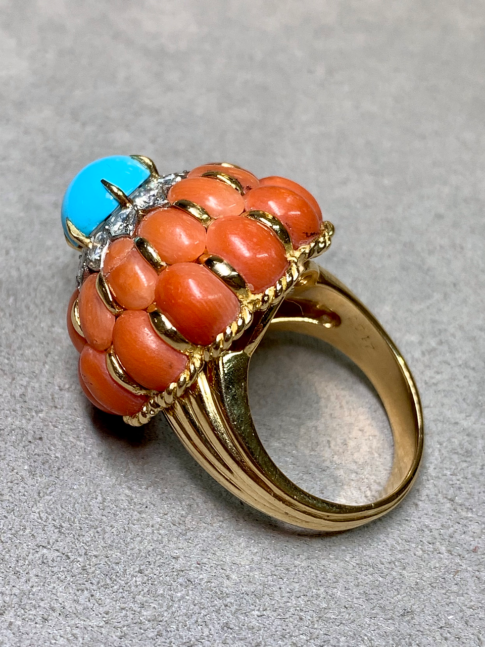 Thumbnail: Vintage Mid Century 18K Persian Turquoise Coral Diamond Large Cocktail Ring     