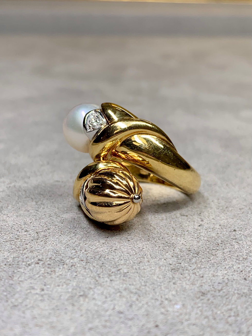 Thumbnail: Estate 18K Yellow Gold Diamond Pearl Large Fluted Bypass Cocktail Ring