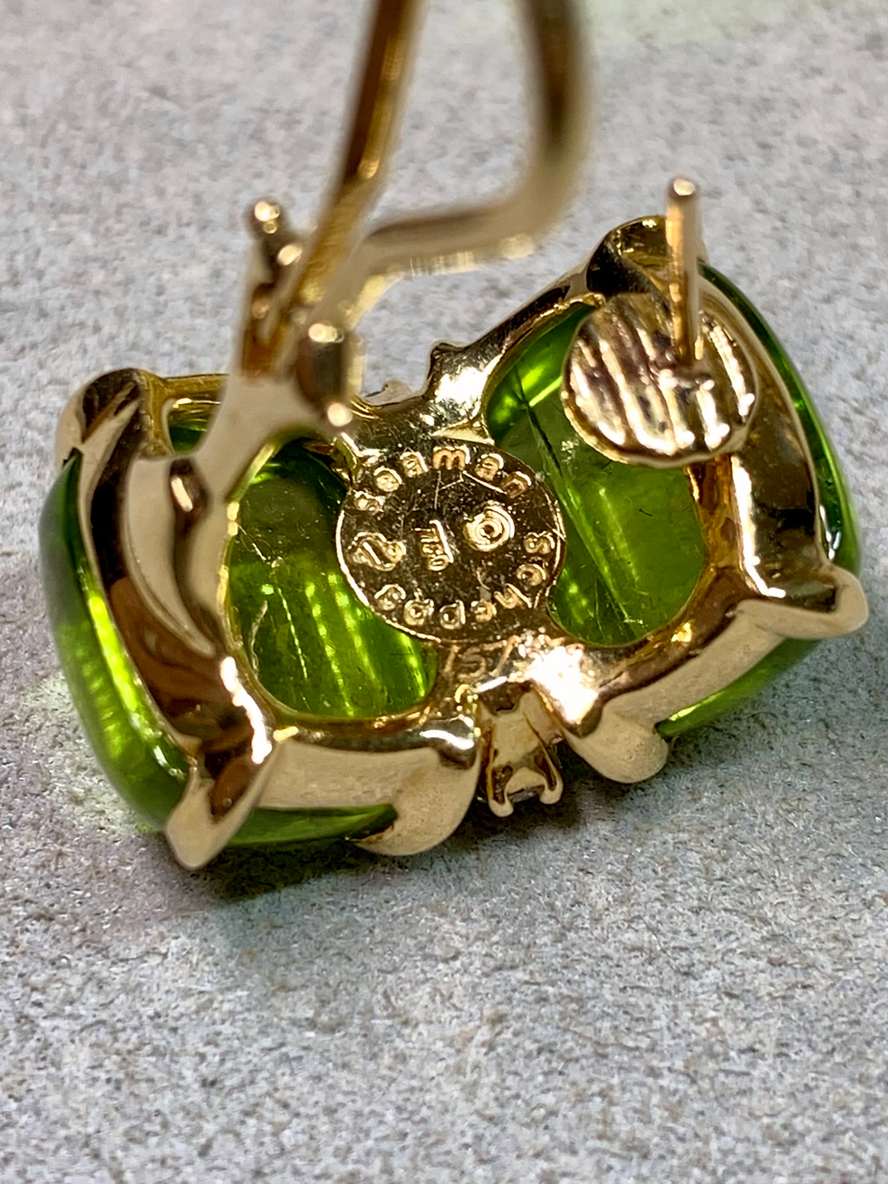 Thumbnail: Vintage Seaman Schepps 18K Yellow Gold Cabochon Peridot Diamond Huggie Earrings