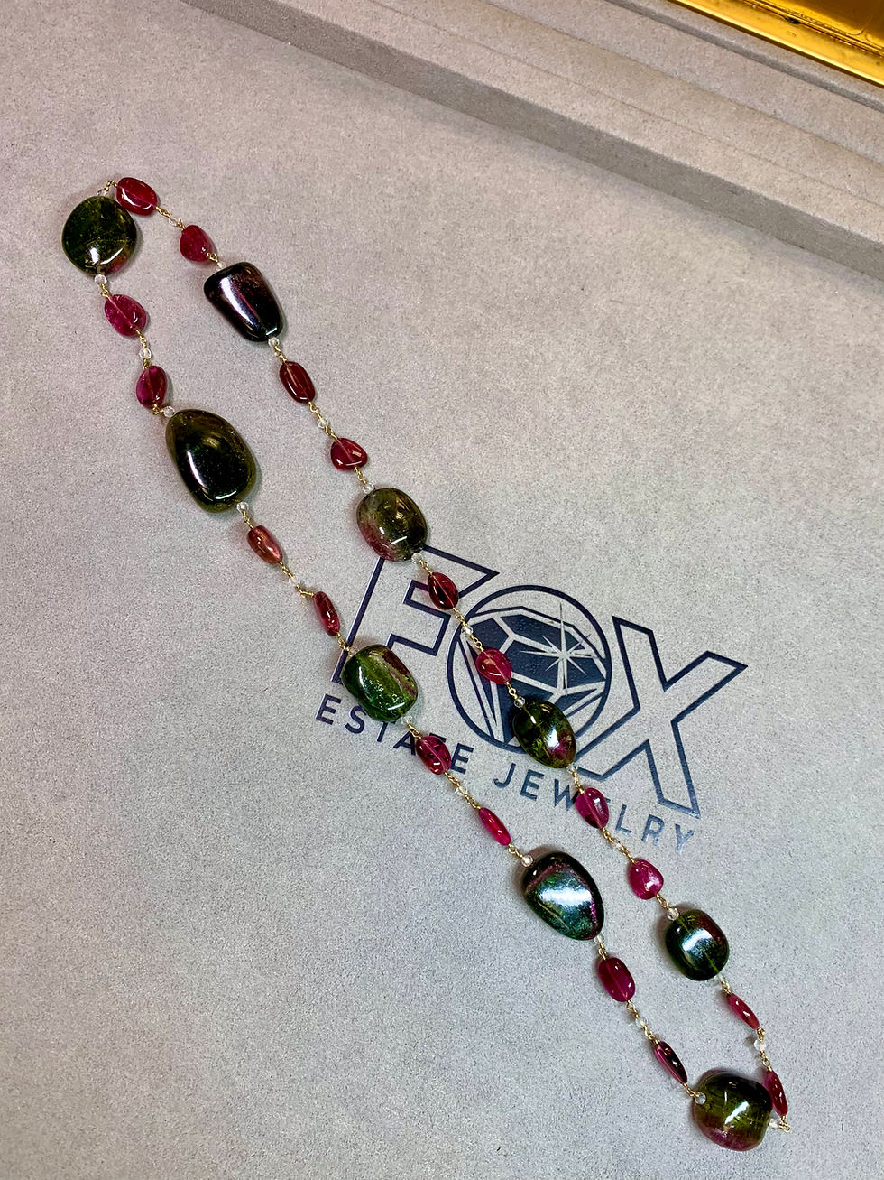 Thumbnail: Estate Green & Pink Tourmaline Tumbled Bead Necklace 18K Gold 22"