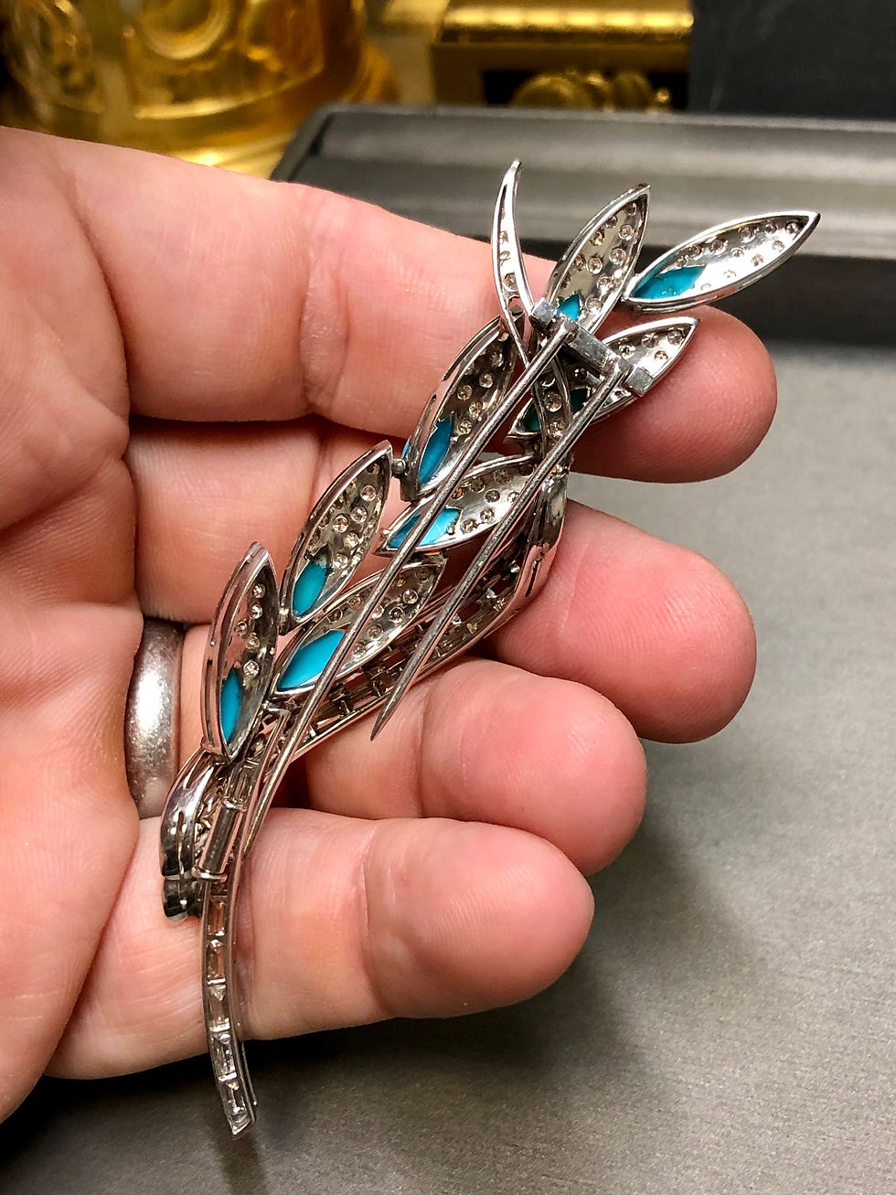Thumbnail: Vintage 18K Baguette Round Diamond Turquoise Leaf Brooch Pin Pendant 6.36cttw