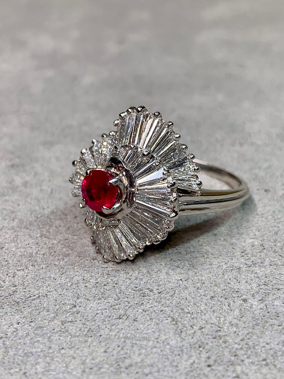 Thumbnail: Vintage Platinum Baguette Diamond Vivid Ruby Spiral Ballerina Cocktail Ring