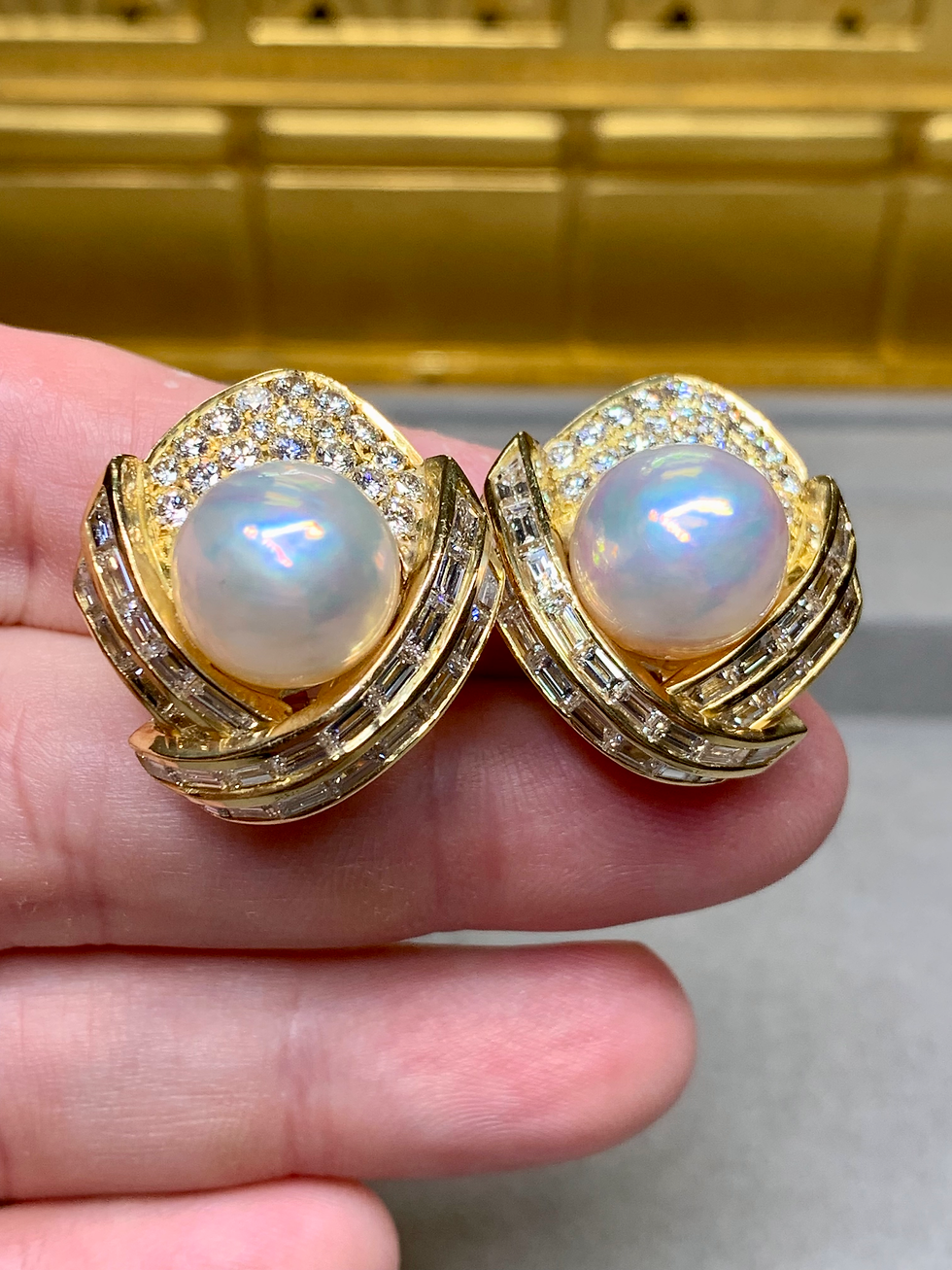 Thumbnail: Estate 18K Hammerman Bros Baguette Round Diamond Pearl Earrings 6.92ctw G Vs