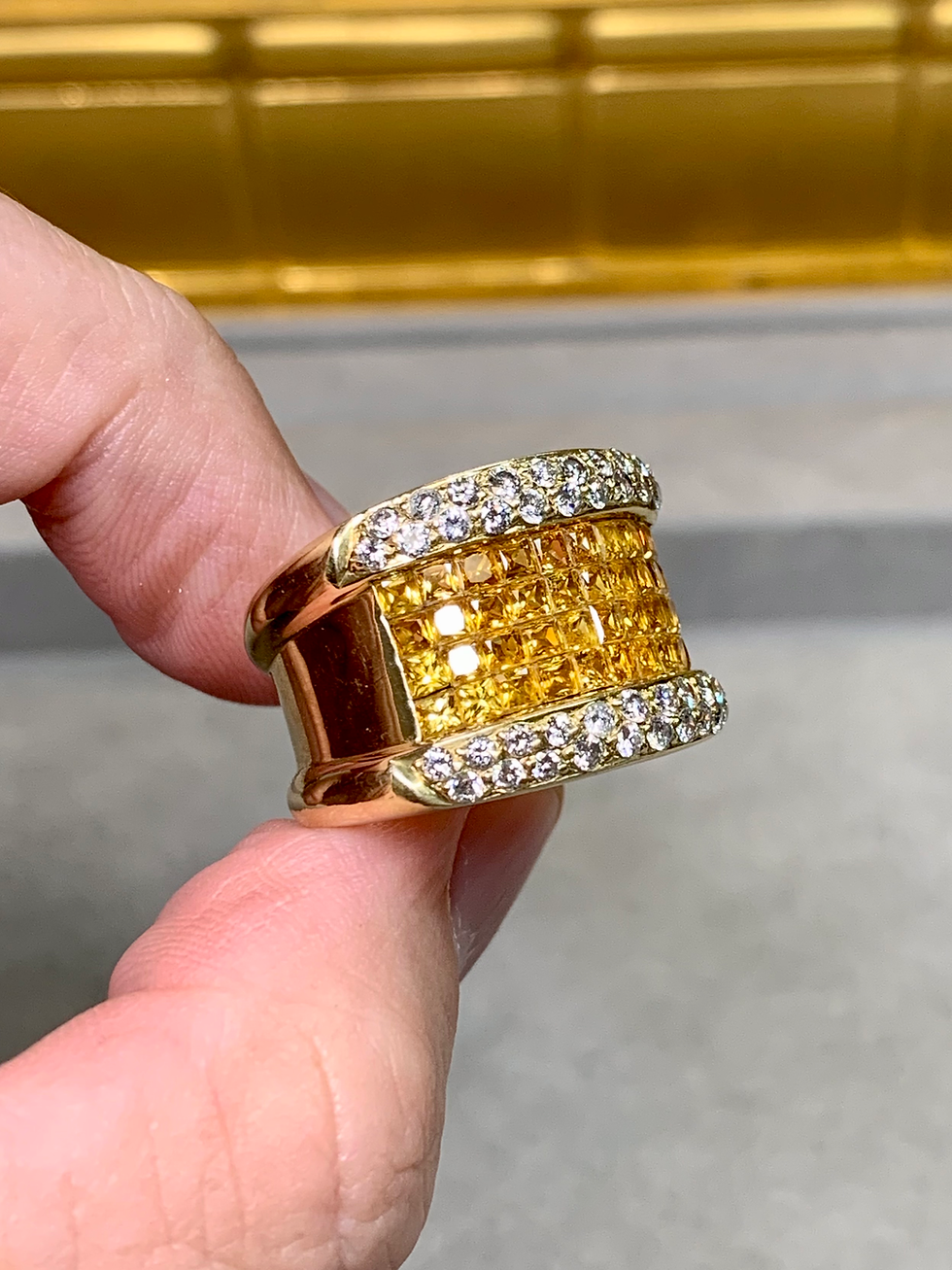 Thumbnail: Estate 18K Invisible Set Yellow Sapphire Diamond Wide Band Cocktail Ring 7ctw 