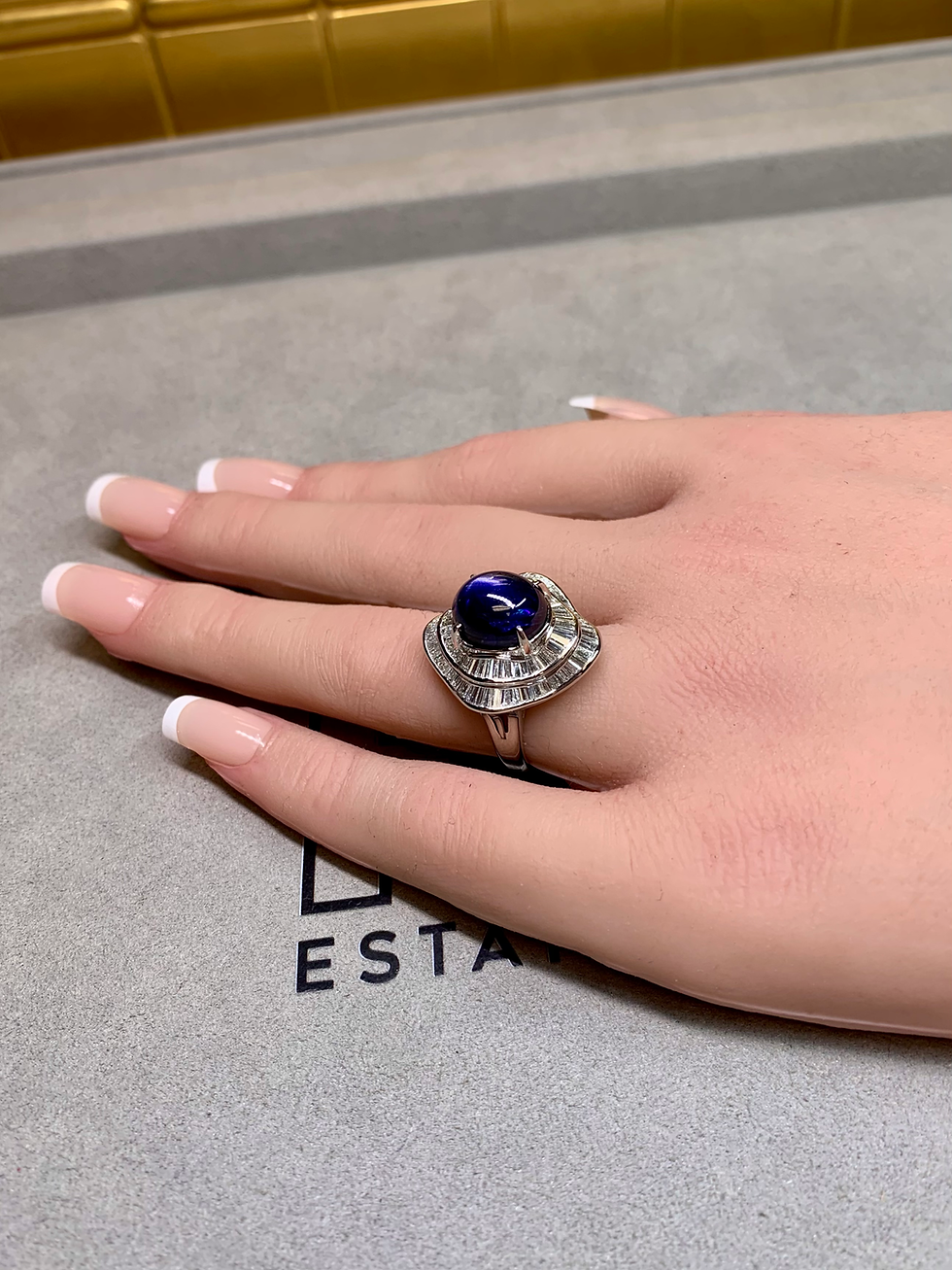 Thumbnail: Estate Deep Royal Blue Star Sapphire Baguette Diamond Ballerina Cockatil Ring
