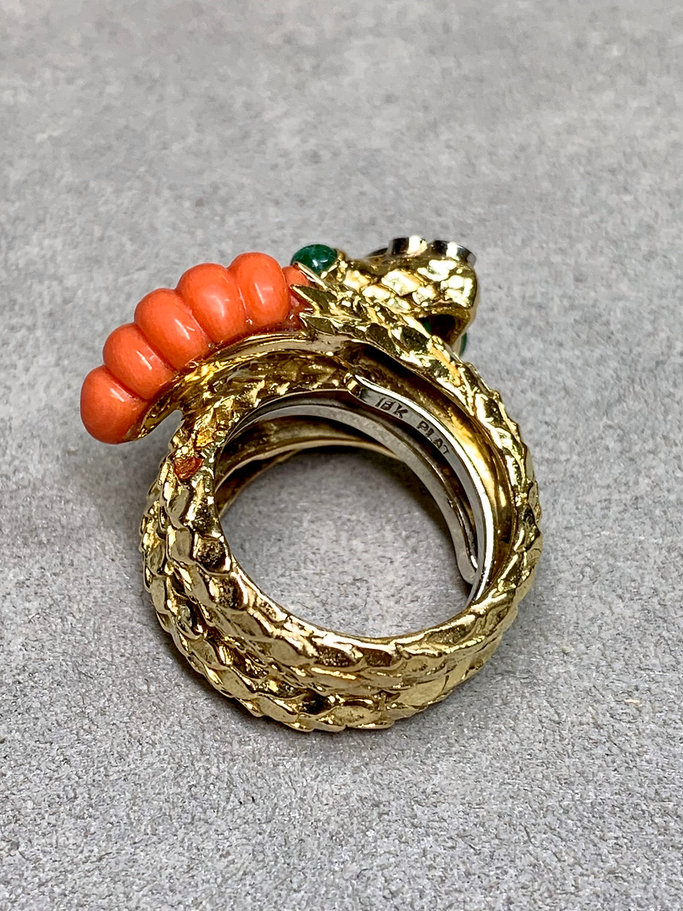 Thumbnail: Vintage 18K Coral Emerald Diamond Serpent Snake Wide Textured Cocktail Ring  