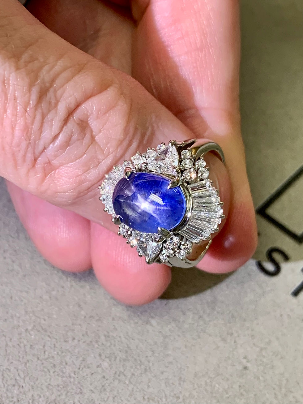 Thumbnail: Estate Platinum Cabochon Star Sapphire & Trilliant Diamond Large Cocktail Ring 