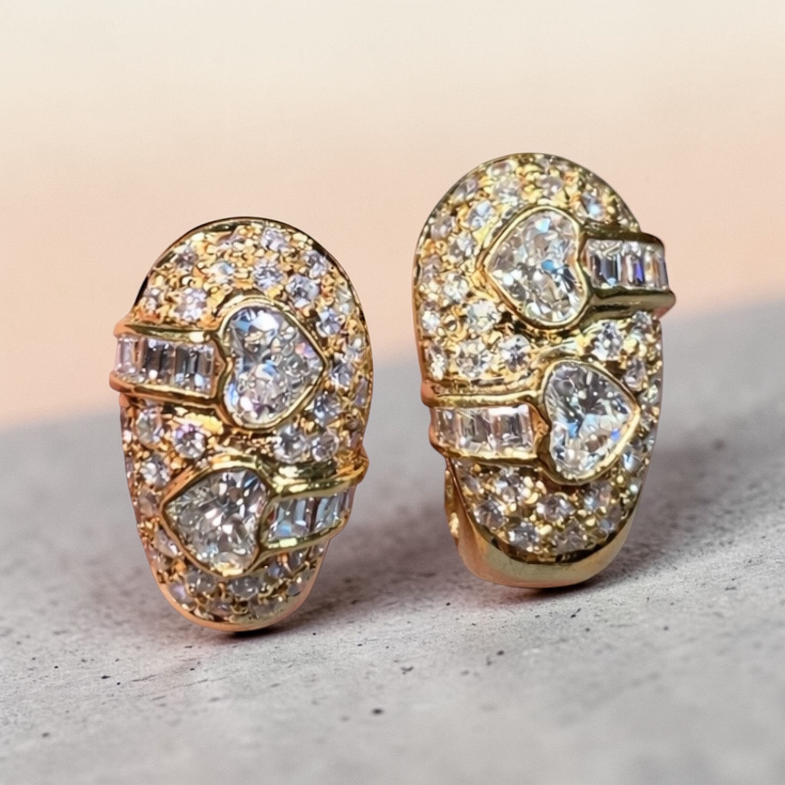 Estate 18K Yellow Gold Heart & Baguette Diamond Omega Back Huggie Earrings G Vs