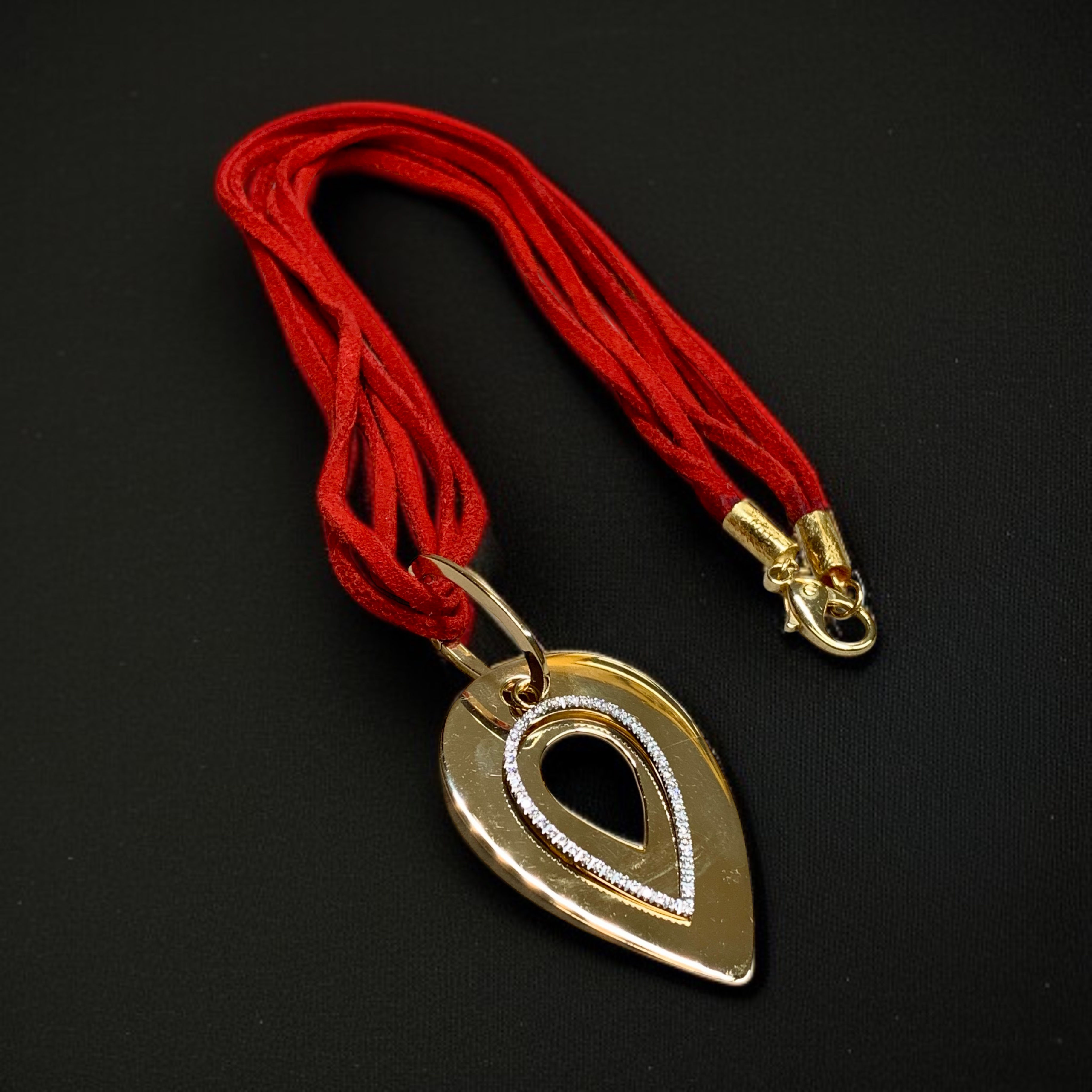 Mattioli 18K Yellow Gold Diamond Pear Pendant Necklace On Red Leather 21”