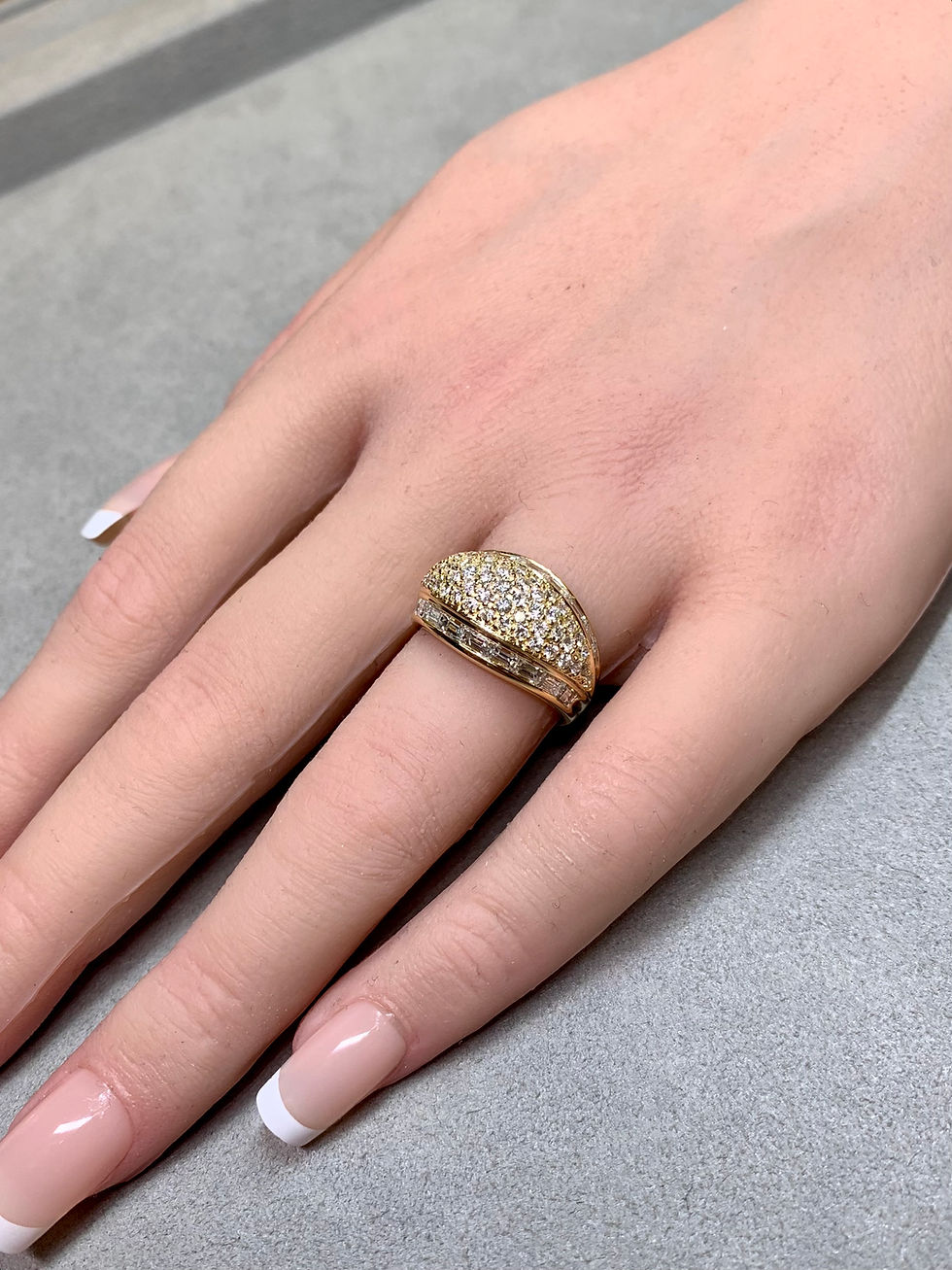 Thumbnail: Estate 18K Gold 2.20ct Diamond Pavé Dome Ring Baguette Wide Band Sz 6.5