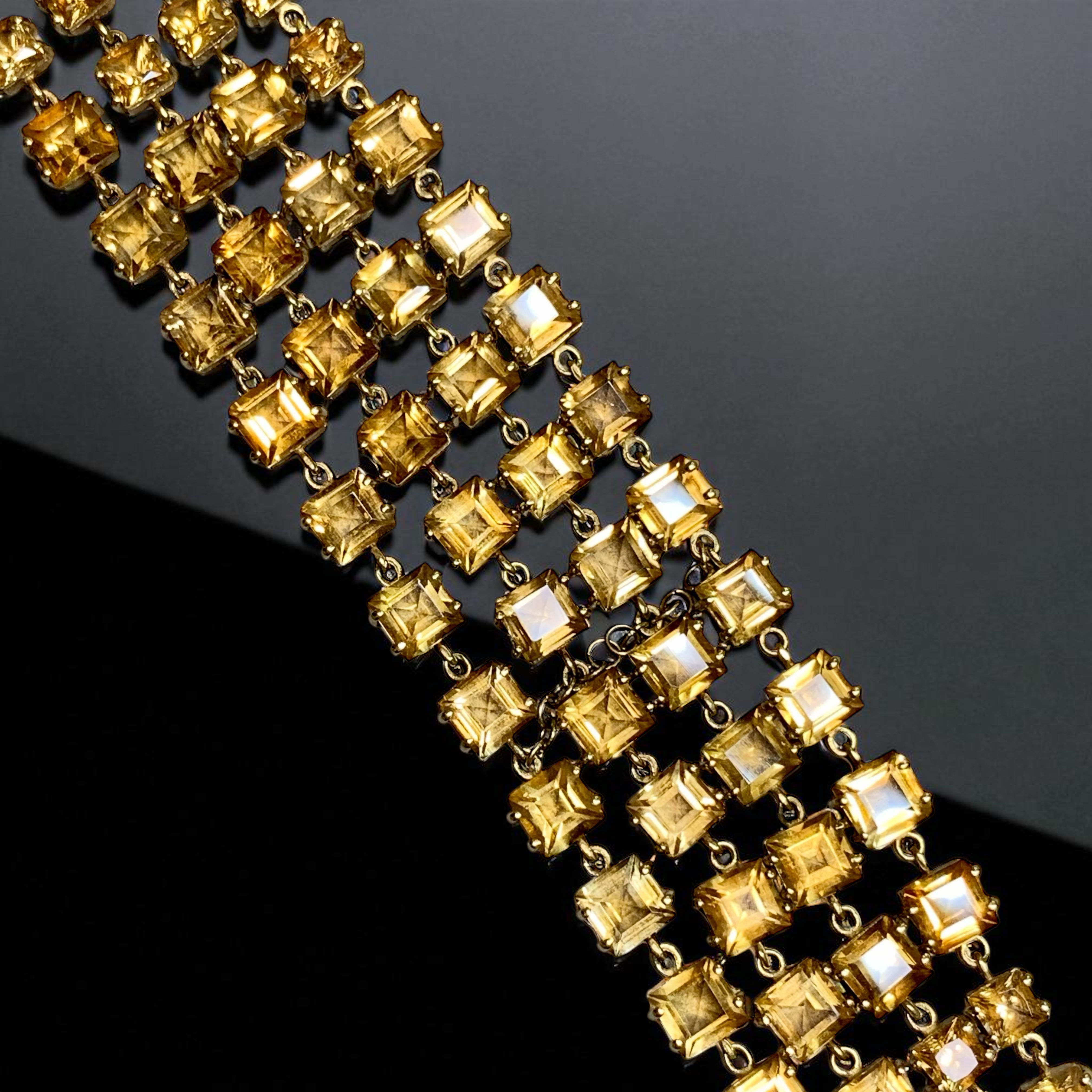 Vintage 18K Yellow Gold Wide Multirow Square Citrine Wrap Bracelet 7” 45ctw 