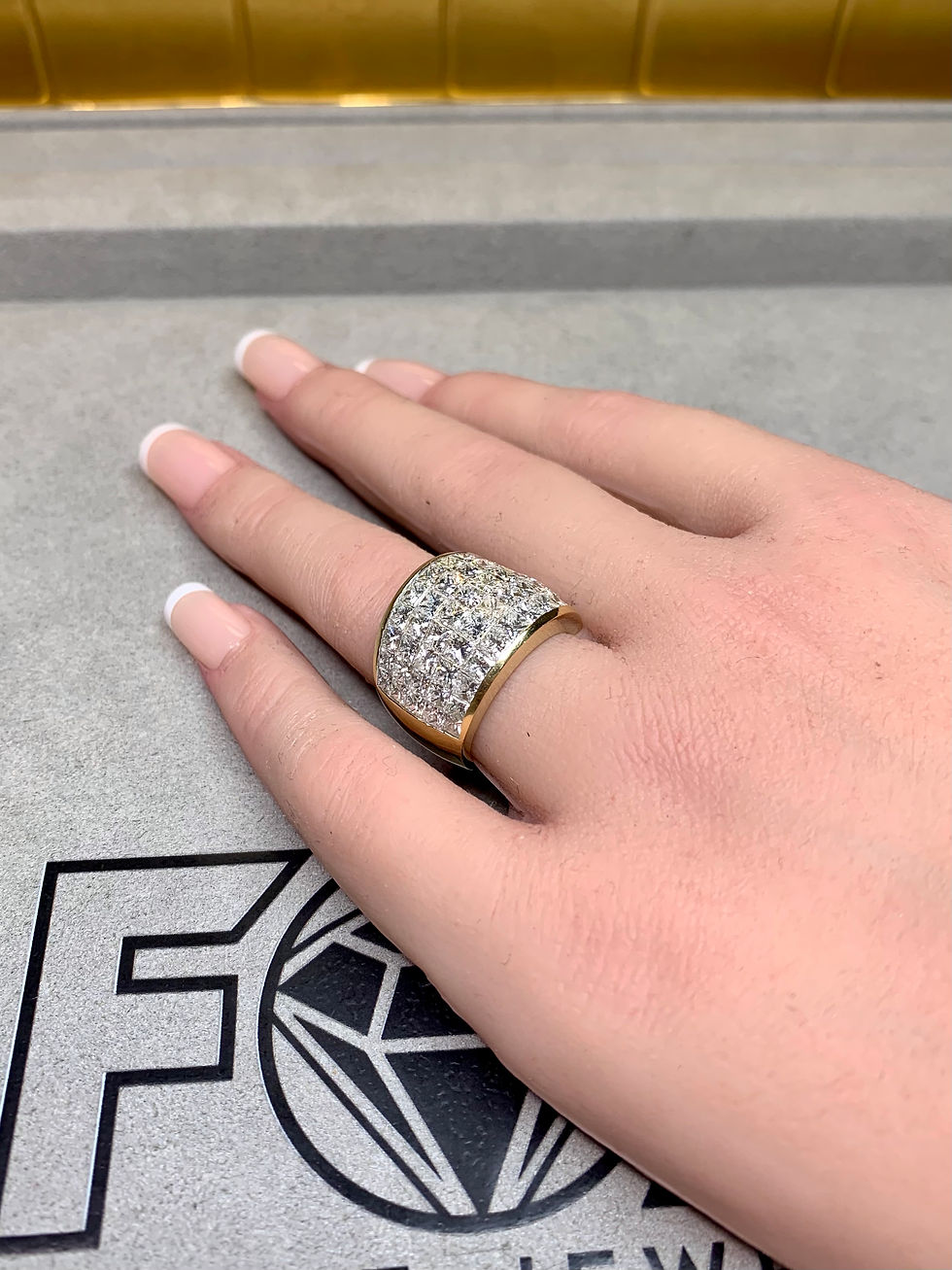 Thumbnail: Estate 18K Invisible Set Princess Cut Diamond Wide Dome Cocktail Ring 9ctw