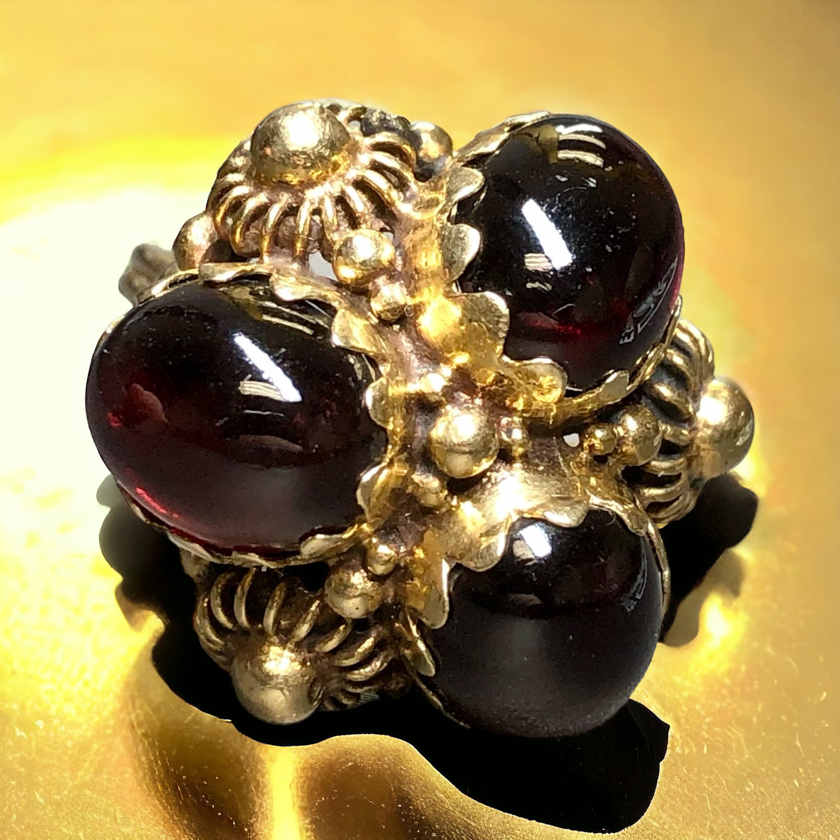 Vintage 1960’s 14K Triple Garnet Cabochon Floral Cocktail Ring 12cttw Sz 4.5