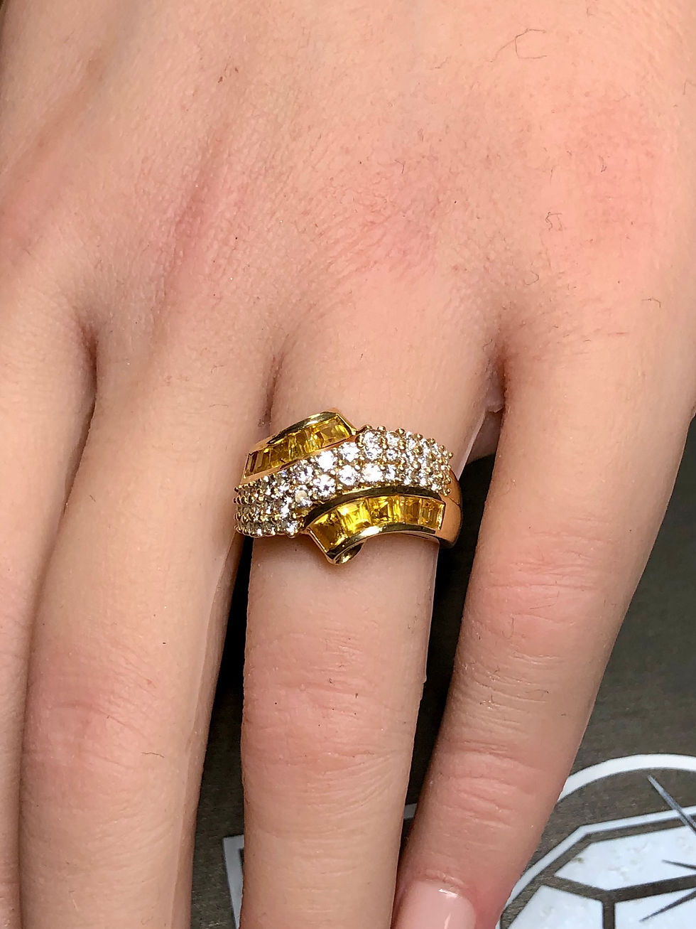 Thumbnail: Estate 18K Yellow Sapphire Baguette Diamond Bypass Cocktail Ring 2.90ctw Sz 6.75