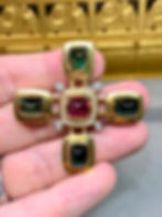Thumbnail: Estate 18K Sugarloaf Cabochon Green Pink Tourmaline Large Diamond Cross Pendant