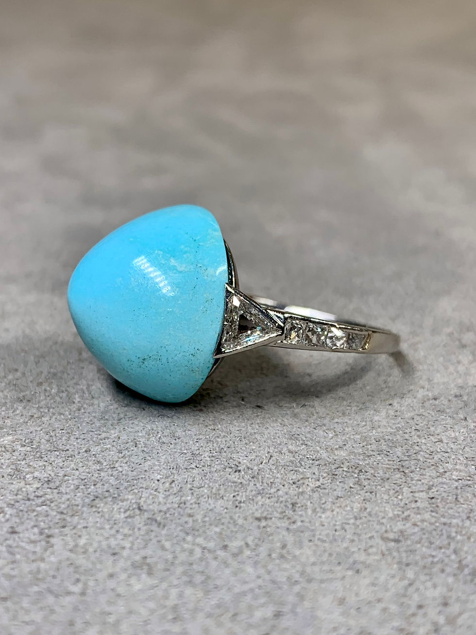 Thumbnail: Platinum Art Deco High Top Cabochon Turquoise Trilliant French Cut Diamond Ring