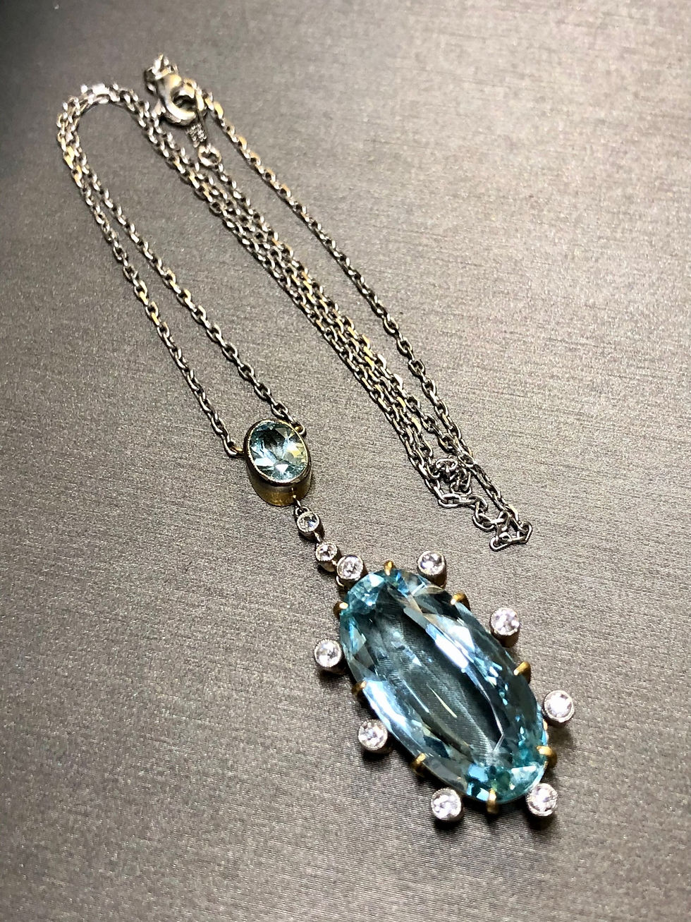 Thumbnail: Antique Art Deco 18K Platinum Aquamarine Mine Cut Diamond Y-Drop Necklace