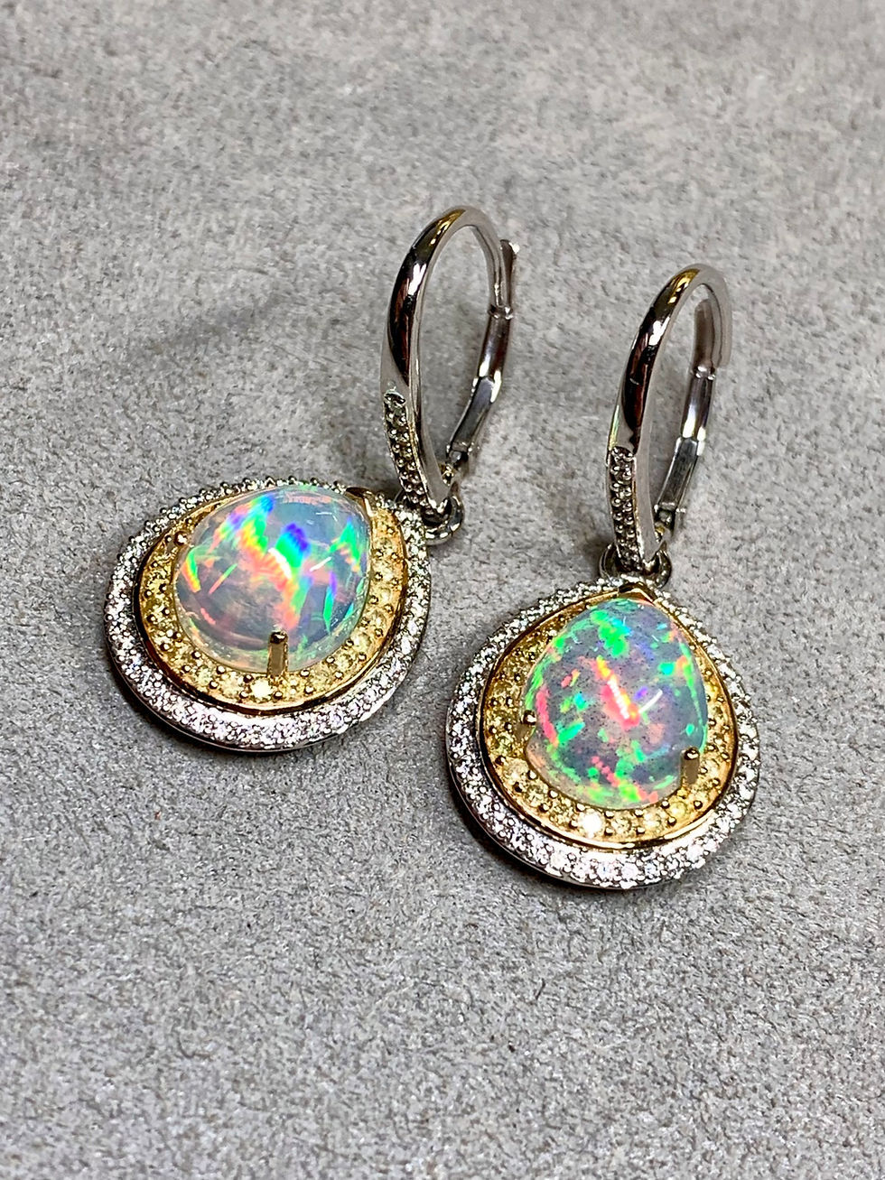 Thumbnail: Estate Chromia 18K Two Tone Fancy Yellow Diamond Cabochon Opal Drop Earrings