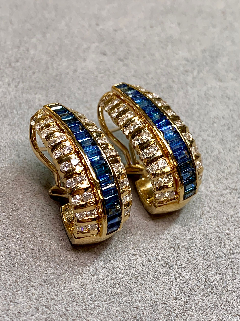 Thumbnail: Estate 18K Yellow Gold Baguette Sapphire Diamond J Hoop Huggie Earrings 4.60ctw 