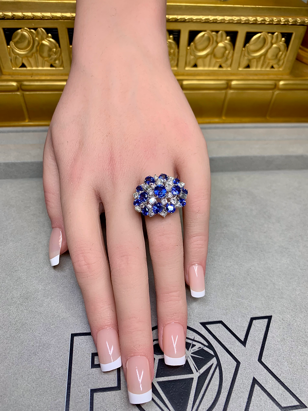 Thumbnail: Estate 18K White Gold Fancy Diamond Sapphire Large Cluster Cocktail Ring 10ctw