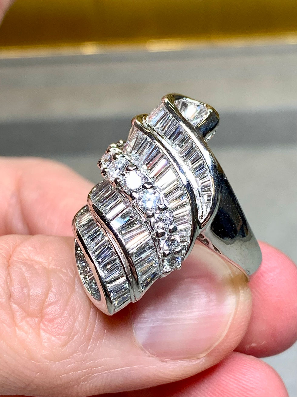 Thumbnail: Estate Platinum Twisted Ribbon Baguette Round Diamond Cocktail Ring 7ctw