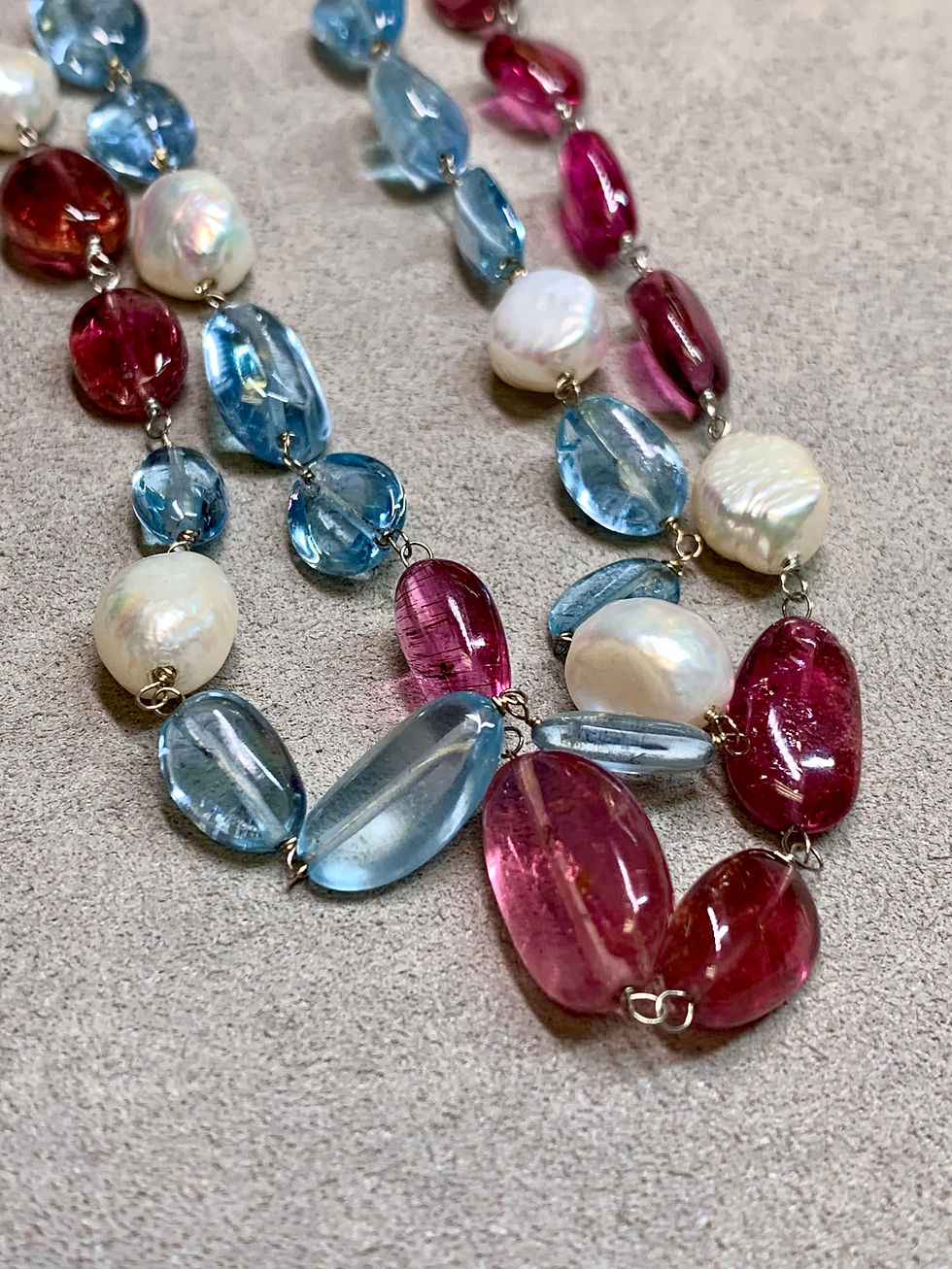 Thumbnail: Estate Aquamarine Pink Tourmaline Pearl Platinum Long Necklace 25” 240ctw