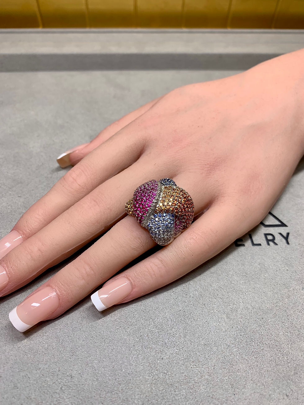 Thumbnail: Estate 14K Pavé Multicolored Sapphire Diamond Basketweave Large Cocktail Ring