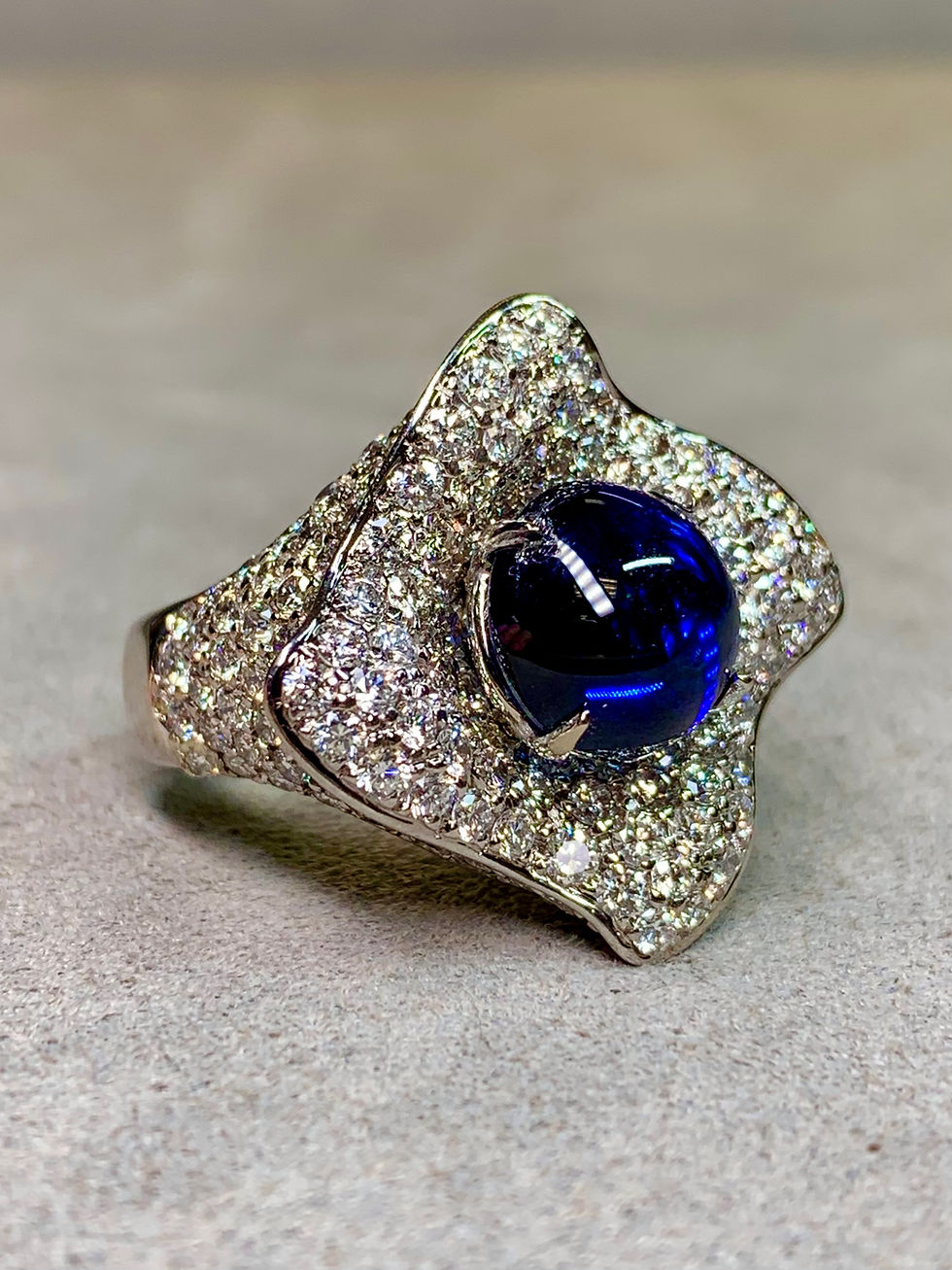 Thumbnail: Estate 18K Cabochon Sapphire Pavé Diamond Large Floral Cocktail Ring 9.50ctw