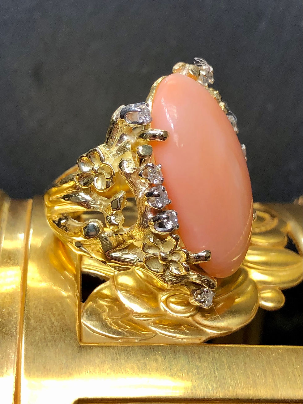 Thumbnail: Vintage Brutalist 18K Coral Cabochon Diamond Floral Cocktail Ring Sz 6 
