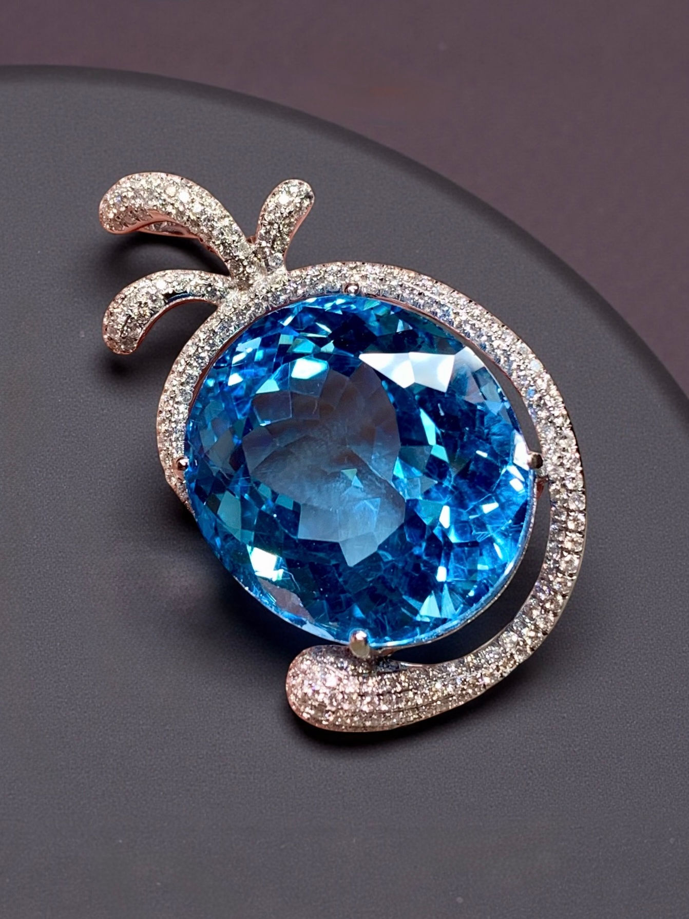 Contemporary 18K Oval Topaz Pave Diamond Large Freeform Pendant Necklace 47.54ct