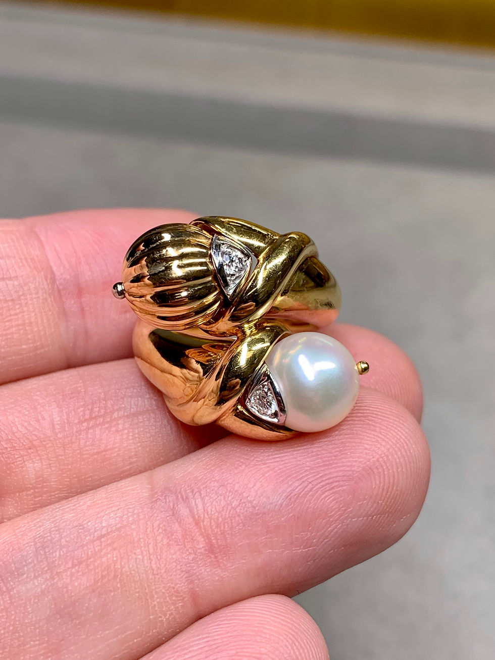 Thumbnail: Estate 18K Yellow Gold Diamond Pearl Large Fluted Bypass Cocktail Ring