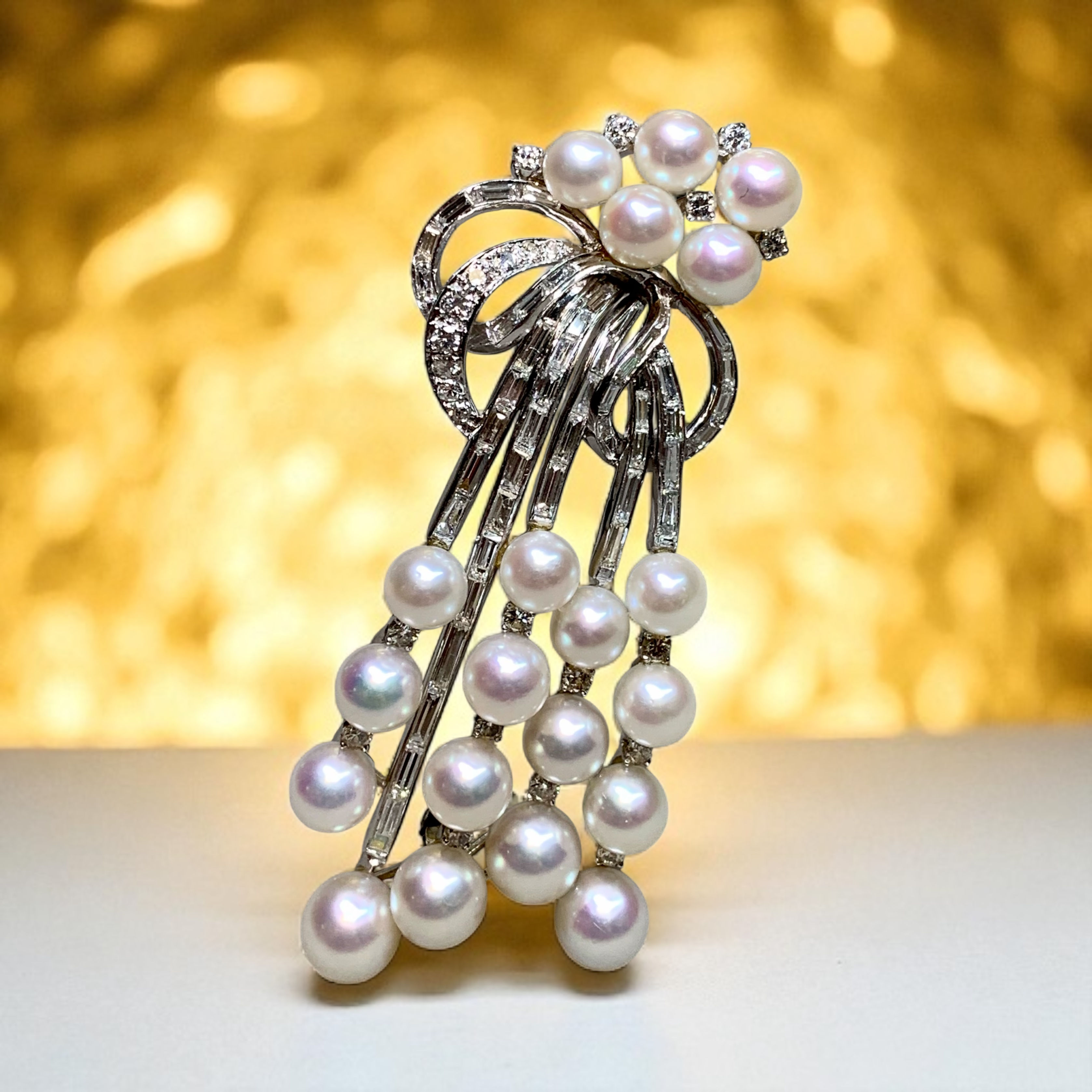 Estate Platinum Pearl Baguette Round Diamond Brooch Pendant Necklace 4ctw    