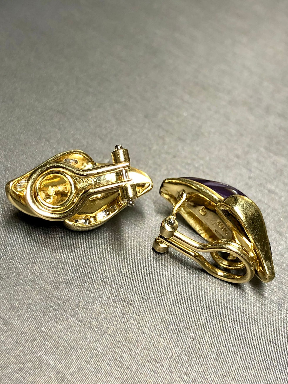 Thumbnail: Estate 18K Carved Amethyst Diamond Elongated Clip On Omega Back Huggie Earrings