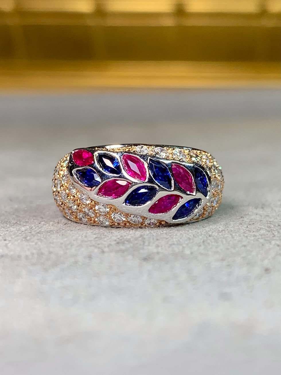 Thumbnail: Estate 18K White & Rose Gold Pavé Diamond Ruby Sapphire Feather Ring Sz 7.5