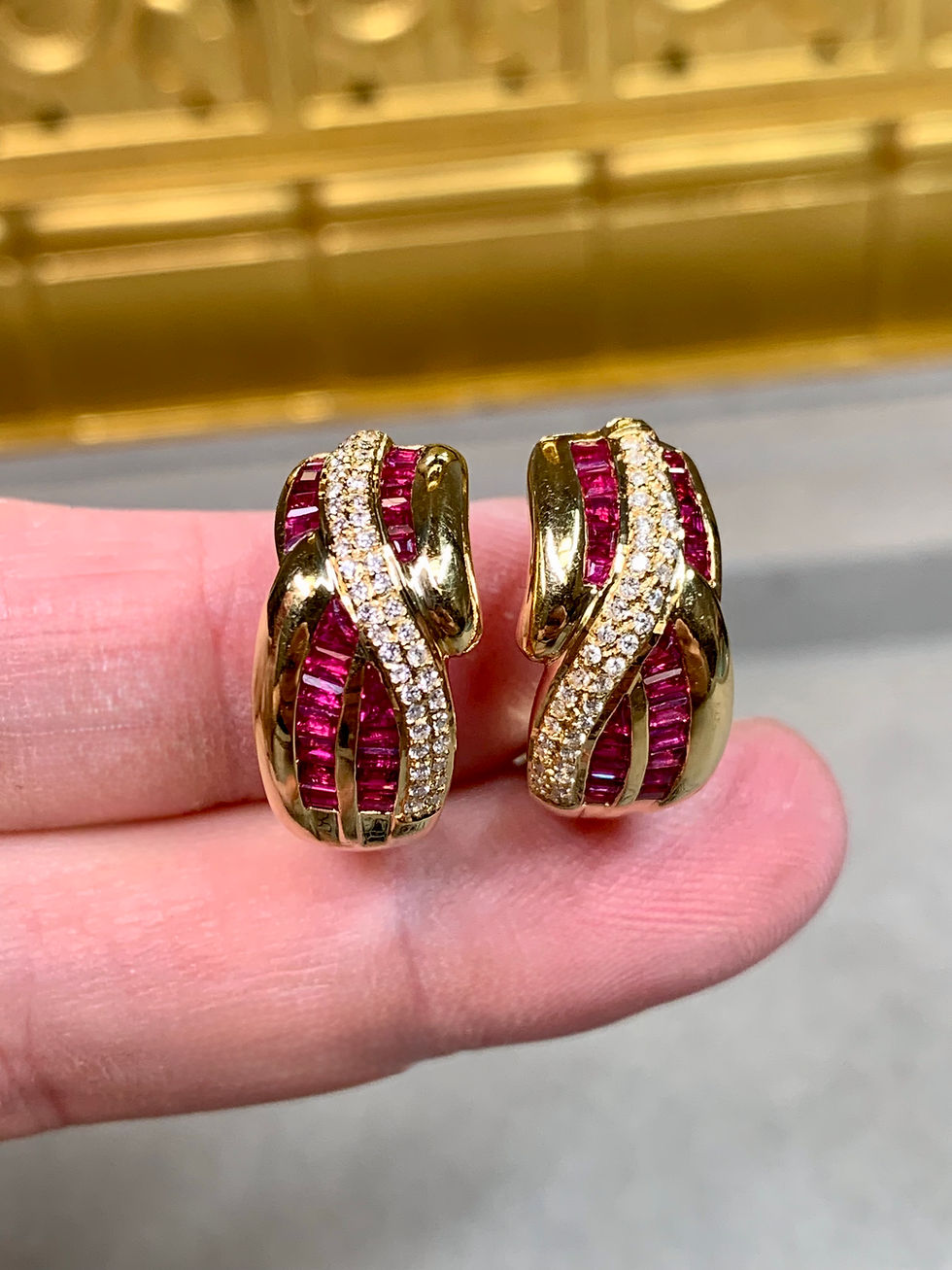 Thumbnail: Estate 18K Yellow Gold Baguette Ruby Pavé Diamond Huggie Earrings 
