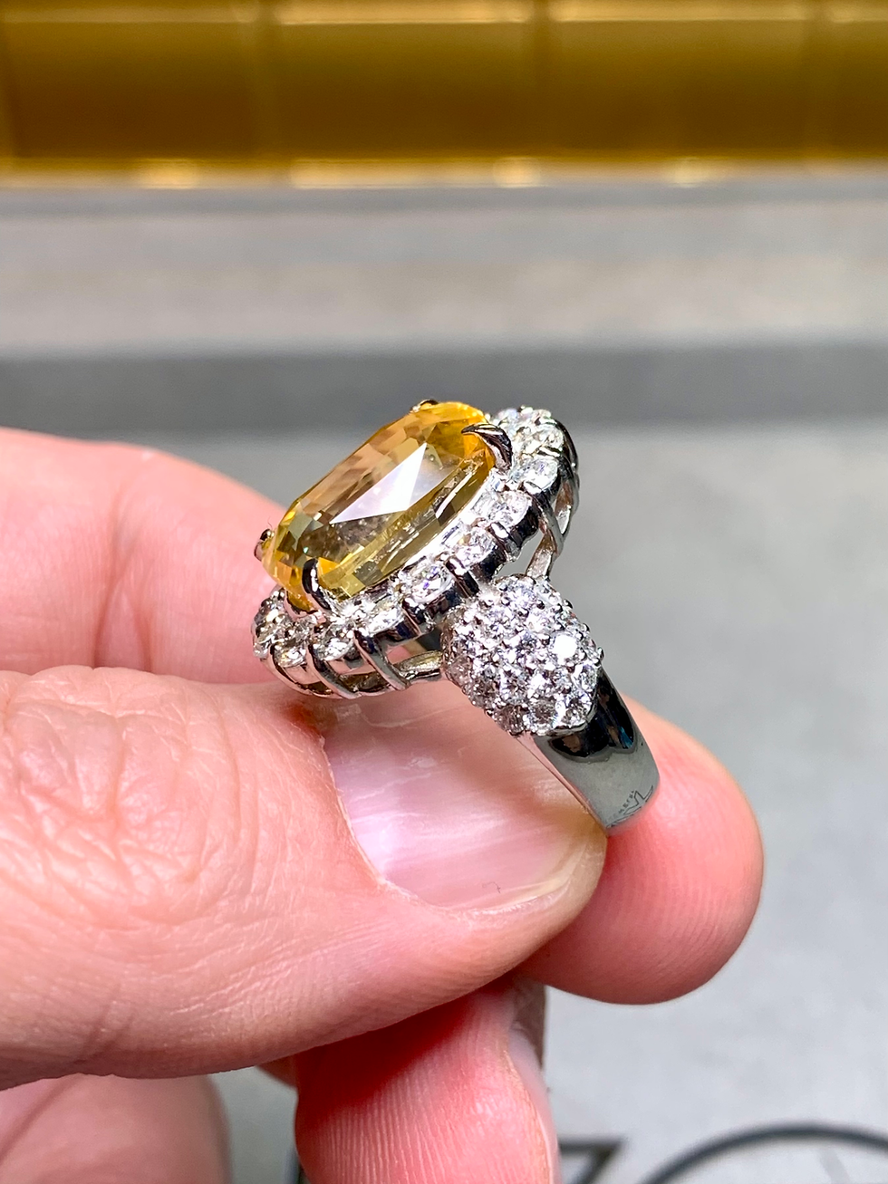 Thumbnail: Estate Platinum Cushion Yellow Sapphire Diamond Cocktail Ring 13.38ctw GIA
