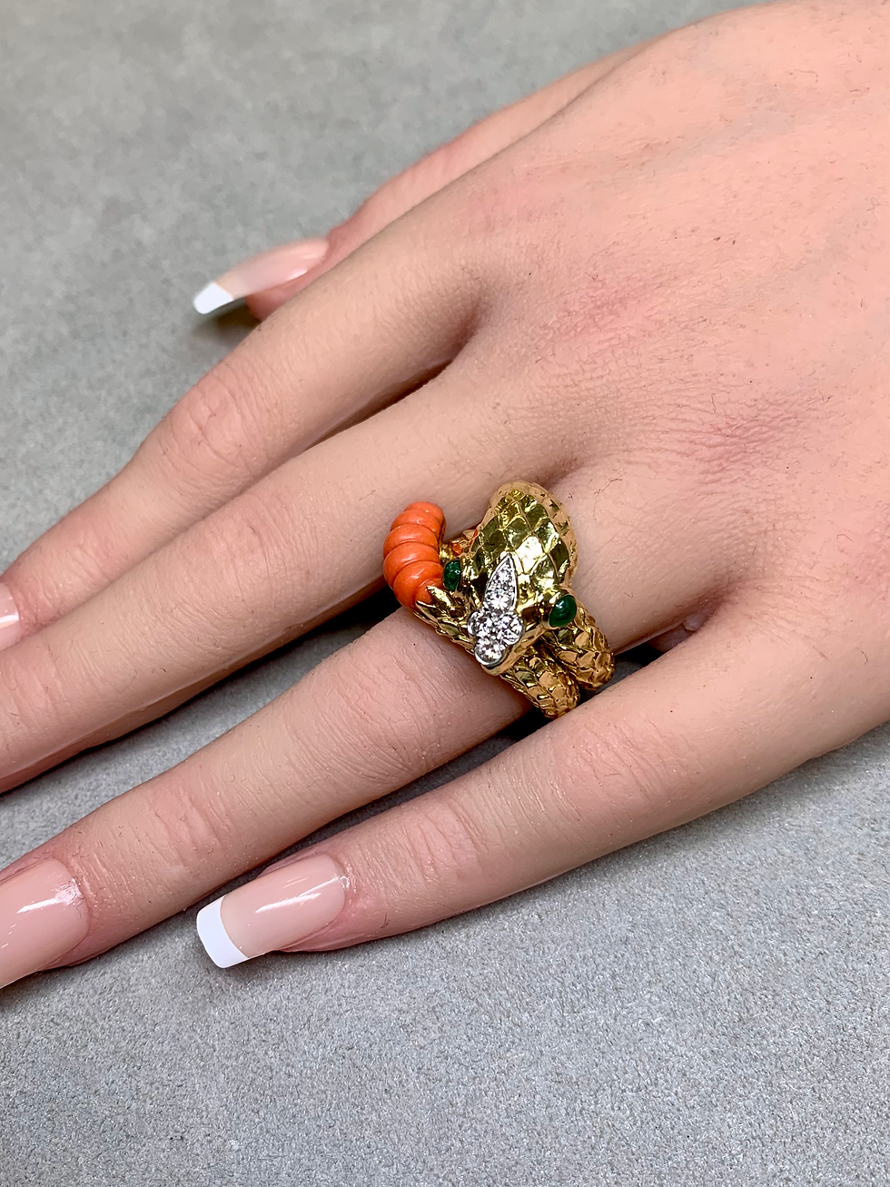 Thumbnail: Vintage 18K Coral Emerald Diamond Serpent Snake Wide Textured Cocktail Ring  