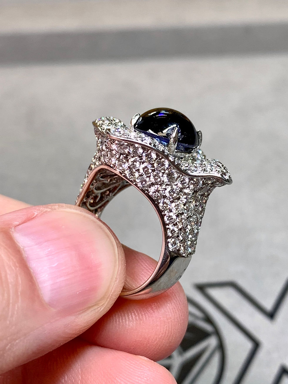 Thumbnail: Estate 18K Cabochon Sapphire Pavé Diamond Large Floral Cocktail Ring 9.50ctw